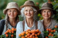 Three senior women in straw hats smiling while gardening together, surrounded by vibrant orange lantana flowers in summer garden. Active retirement lifestyle.