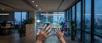 Modern office worker hands interacting with holographic digital interface technology in corporate workspace with city skyline view at dusk.