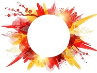 Vibrant red and yellow abstract frame with Asian-inspired elements including cherry blossoms and lanterns on white background for festive design projects.