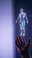 Futuristic holographic human figure projection floating above open hand with digital data streams in purple and blue sci-fi environment for technology concepts.
