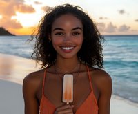 Young African American woman with curly hair enjoying ice cream popsicle on tropical beach at sunset, wearing orange swimsuit, radiating happiness and summer vibes.