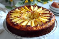Golden apple upside-down cake with caramelized fruit slices arranged in decorative pattern on rustic kitchen table for homemade dessert recipes and baking.