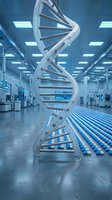 DNA double helix structure in modern laboratory with blue lighting and scientific equipment for genetic research and biotechnology applications.