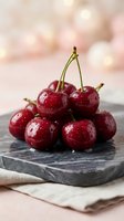 Fresh ripe red cherries with water droplets on dark slate board against soft bokeh background for culinary and healthy eating concepts.