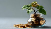 Young green plant growing from glass jar filled with golden coins symbolizing financial growth and investment success.