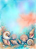 Watercolor underwater scene with seashells, coral and marine life creating decorative border frame for summer ocean themed designs and invitations.