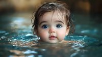 Young child with big blue eyes and wet hair partially submerged in turquoise swimming pool water, creating dreamy atmospheric portrait with soft bokeh background.