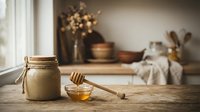 Golden honey jar with wooden dipper on rustic kitchen counter, warm natural lighting creates cozy farmhouse atmosphere for culinary and wellness themes.