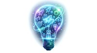 Digital lightbulb with glowing icons and symbols representing innovation, creativity and technology concepts on transparent background.