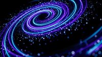 Abstract purple and blue spiral galaxy with glowing particles and cosmic energy waves on dark background for digital art and futuristic designs.