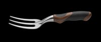 Curved garden fork with stainless steel tines and ergonomic brown wooden handle, isolated on transparent background. Ready for design use on t-shirts, clipart, stickers, and print-on-demand products.