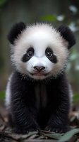Adorable baby giant panda cub with bright eyes and distinctive black and white fur markings looks directly at camera while sitting on forest floor among bamboo leaves.