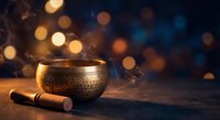 Tibetan singing bowl with wooden striker on rustic surface against warm bokeh lights background for meditation and sound therapy sessions.