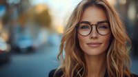 Young blonde woman with glasses smiling confidently on city street during golden hour. Professional headshot for business, lifestyle and urban concepts.