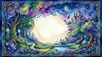 Enchanted fairy tale landscape with magical castle, ancient tree, crescent moon and stars in ornate decorative frame for fantasy storytelling and children's books.