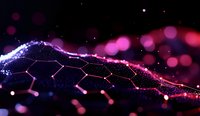 Glowing network mesh structure with pink and purple bokeh lights on dark background, digital technology concept visualization for modern presentations.