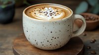 Creamy latte art in speckled ceramic cup on wooden coaster, scattered coffee beans, moody cafe atmosphere with soft natural lighting and shallow depth of field.