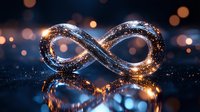 Glowing infinity symbol with sparkling particles and warm bokeh lights on dark background for technology and eternity concepts.