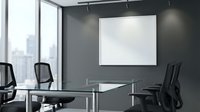 Modern conference room with blank projection screen, glass table and ergonomic chairs overlooking city skyline for business presentations and meetings.