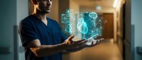 Male healthcare professional in scrubs using holographic medical technology interface displaying anatomical heart model in modern hospital corridor.