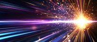 Bright explosion with colorful light rays and particles bursting from center point against dark background, creating dynamic motion effect with blue and purple streaks.