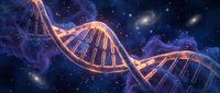 Glowing DNA double helix structure floating in cosmic space with stars and nebula clouds, representing genetic research and biotechnology advances.