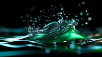 Dramatic liquid splash with turquoise and green illumination against dark background creates dynamic wave formation with water droplets and bokeh effects.