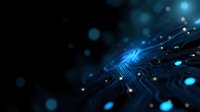 Glowing blue circuit board pattern with bokeh light effects on dark background creates futuristic technology concept for business and innovation designs.