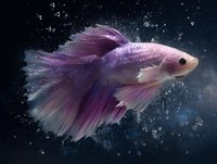 Pink and purple betta fish swimming gracefully in dark water with air bubbles, displaying flowing fins and ethereal movement against starry background.