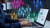 Business professional analyzing colorful demographic data visualization with human icons on laptop screen for market research and analytics strategy.