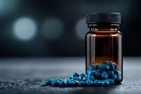 Brown glass pill bottle with scattered blue medicine capsules on dark textured surface against blurred background, dramatic pharmaceutical composition.