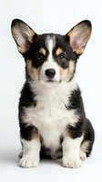 Adorable corgi puppy with tricolor coat sitting on white background, perfect for pet care marketing, veterinary services, and animal lover designs.