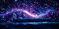 Silhouette of grand piano against starry cosmic background with purple and blue nebula, creating dreamy musical atmosphere on dark stage.