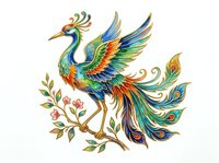 Colorful peacock with vibrant feathers perched on decorative branch with flowers, isolated on white background for design projects and artwork applications.