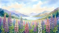 Watercolor mountain landscape with colorful lupine wildflowers in foreground, serene lake and rolling hills under soft pastel sky for nature decor.