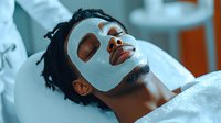 Young African American man relaxing during spa facial treatment with blue clay mask, lying on white towel in modern wellness center. Professional skincare procedure.