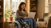 Young woman with curly dark hair and medium skin tone, using wheelchair while working on laptop in bright home office with plants and wooden shelves.