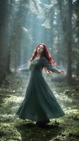 Young redhead woman in emerald medieval dress dancing in mystical forest with sunbeams streaming through trees creating magical atmosphere for fantasy storytelling.