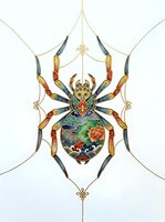 Ornate spider with decorative patterned body and jeweled legs suspended on golden threads against white background, isolated artwork suitable for textile design and decorative applications.