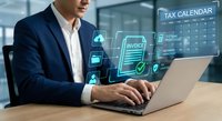 Professional businessman using laptop with digital tax calendar and invoice management interface in modern office for financial planning and accounting tasks.