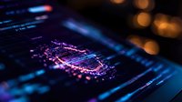 Glowing microchip circuit board with purple and blue neon lights against dark background, macro photography showing electronic components and digital technology.