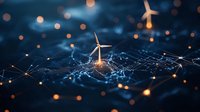 Wind turbine on glowing digital network with orange light particles and connected dots representing renewable energy technology and smart grid concept.