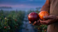 Farmer hands holding fresh ripe peaches at sunset in orchard during harvest season. Agricultural produce and organic farming concept for healthy eating.