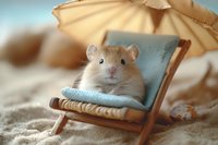 Adorable hamster relaxing in miniature beach chair with tiny umbrella on sand, creating whimsical summer vacation scene with soft pastel colors and bokeh background.