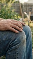 Weathered senior man's dirty hand resting on knee in denim jeans after gardening work, shovel visible in blurred backyard background.