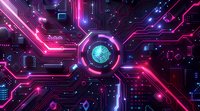 Glowing pink and blue circuit board pattern with central digital core element and neon light effects, representing advanced technology and cybersecurity concepts.