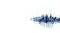 Abstract urban skyline silhouette fading into white background with digital distortion effect, suitable for business presentations or modern website headers.