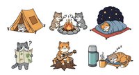 Cartoon cats camping outdoors with tent, campfire, sleeping bag, map, guitar, and thermos. Isolated clipart set ready for design projects, children's books, and merchandise applications.
