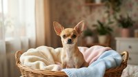 Small tan and white Chihuahua dog sitting comfortably in wicker basket with soft blankets in cozy home interior with natural window light and plants.