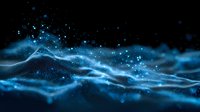 Abstract blue digital wave with glowing particles flowing on black background, representing technology, data visualization, or futuristic concept.